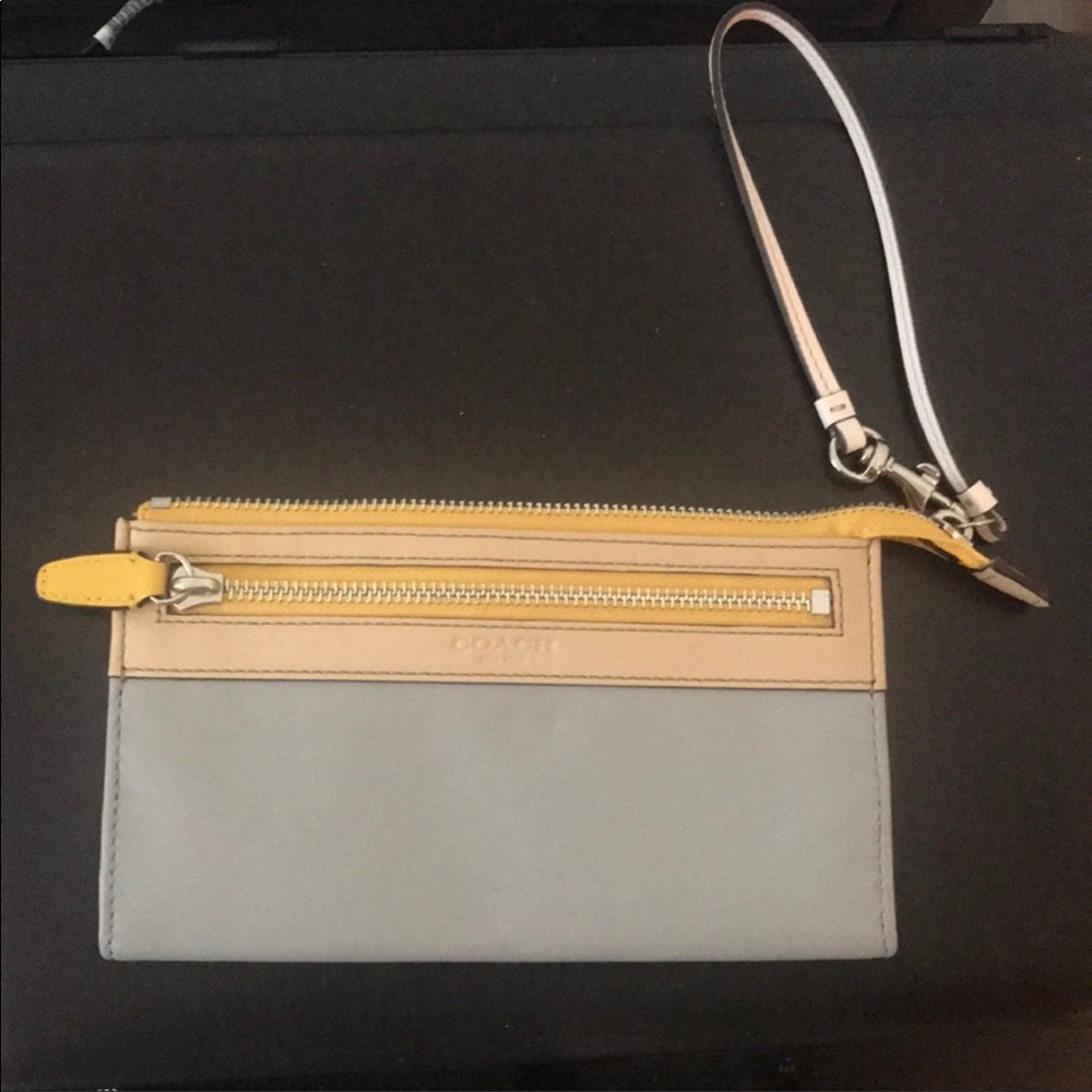 SOLD Coach Colorblock Legacy Leather Zippy Wallet gray yellow tan wristlet 48176